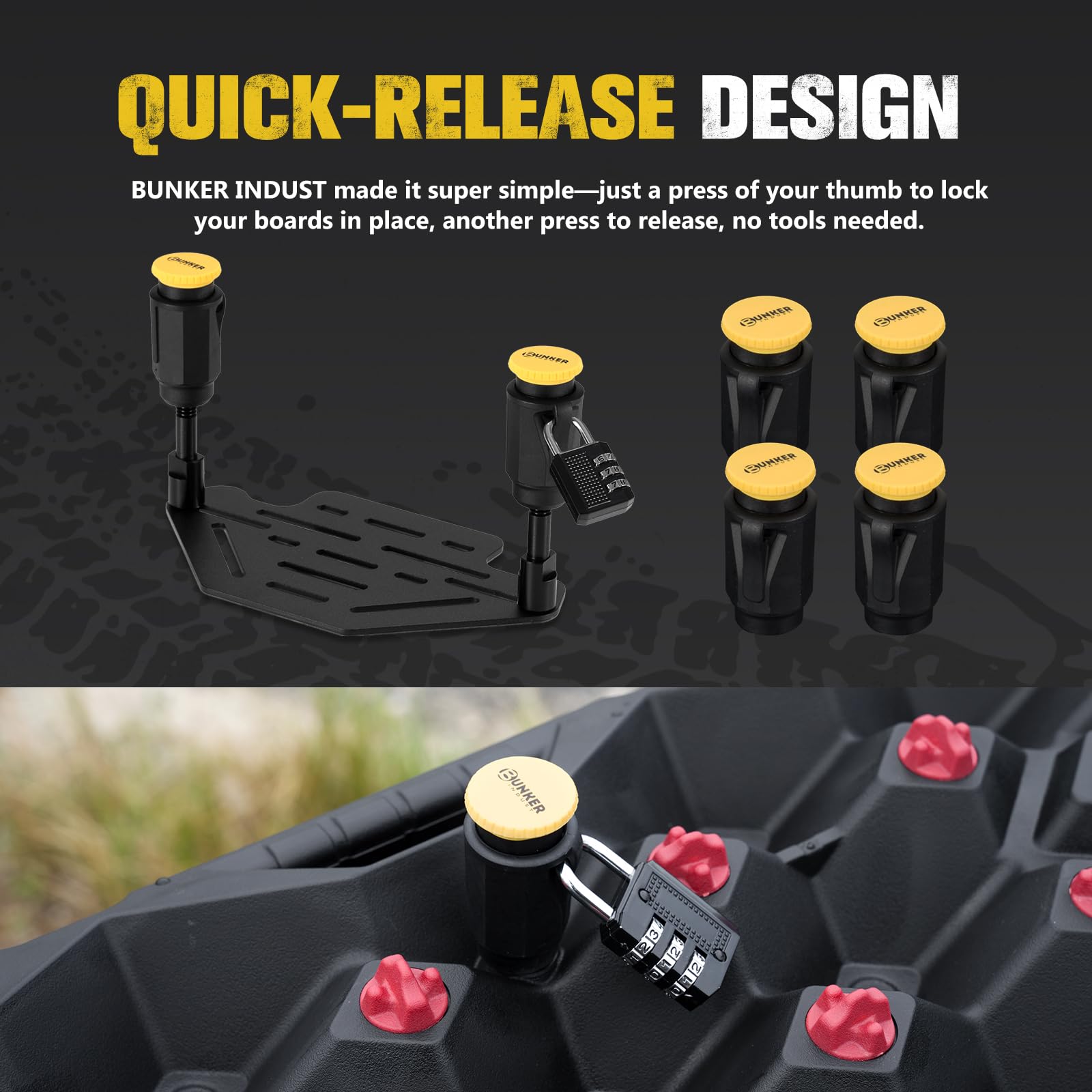 BUNKER INDUST mounting kit beside a traction board to show scale and fit