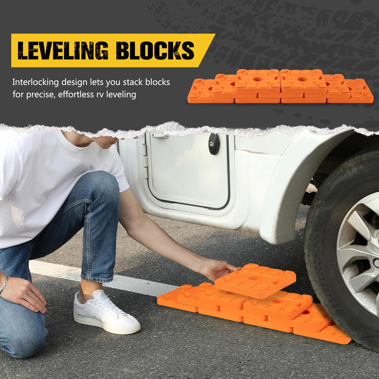 BUNKER INDUST block beneath RV wheel showing secure drive-on leveling