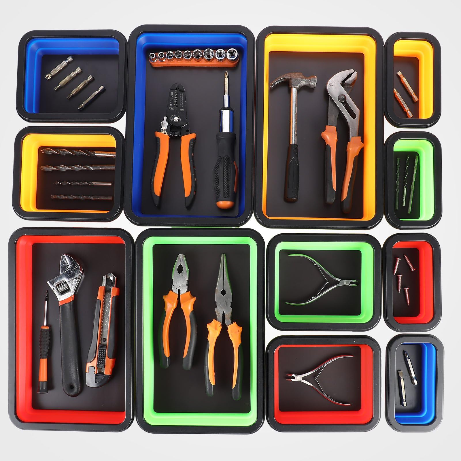 Burbell expanded trays filled with screws showing fast access advantage