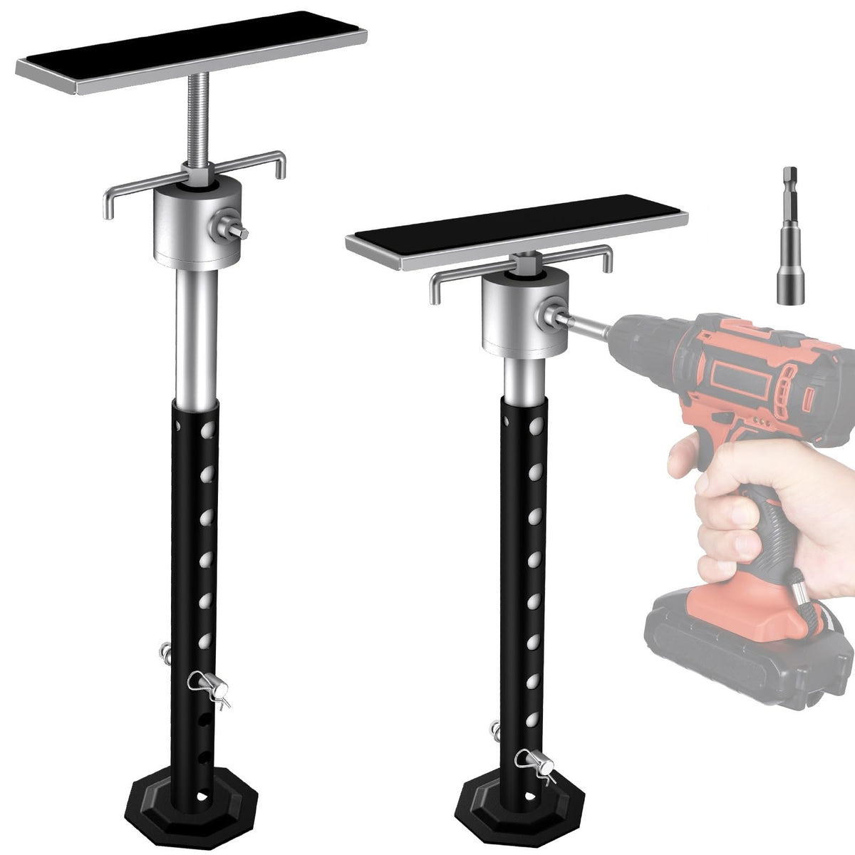 BuyGoe front view of packaged slide out support jacks showing included parts and benefits