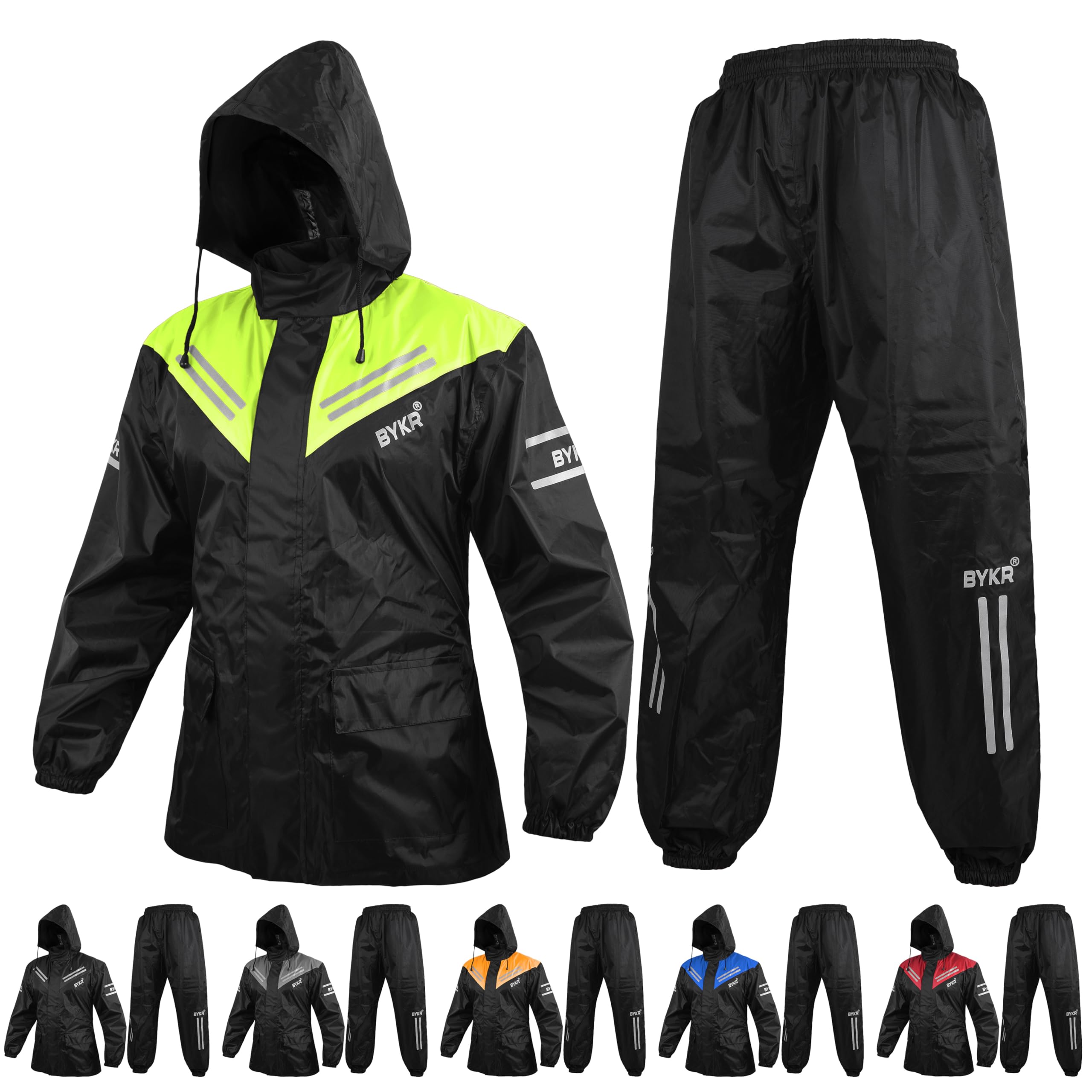 BYKR front view jacket and pants showing full wet-weather coverage and fit