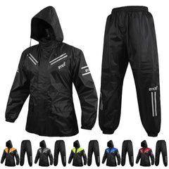BYKR front view of jacket and pants showing full rain coverage and mobility