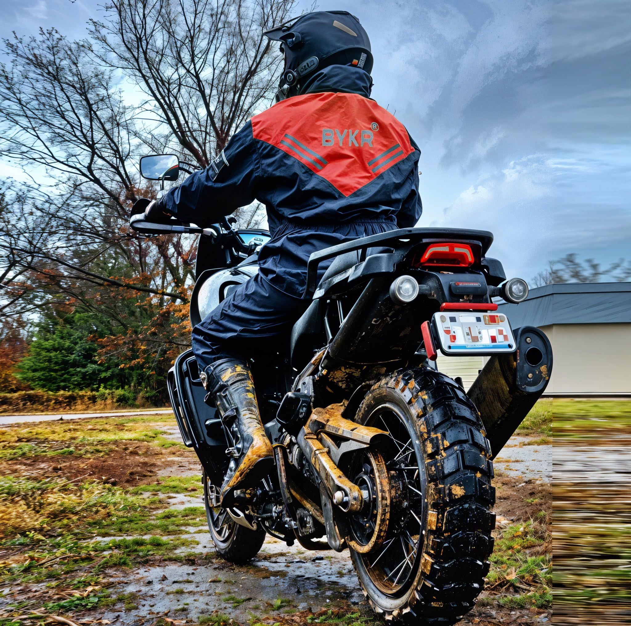 BYKR full outfit on motorcycle in rain demonstrating real-world use