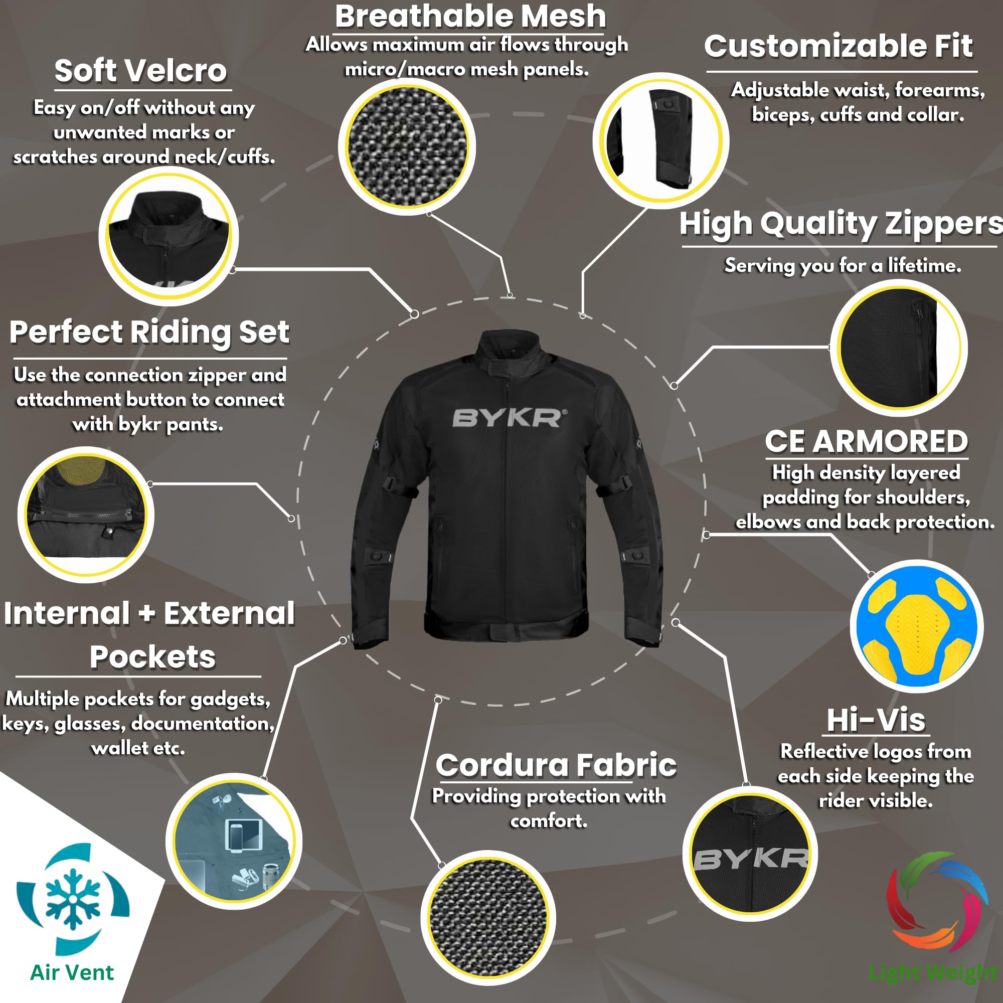 BYKR reflective piping on shoulder increasing low-light visibility
