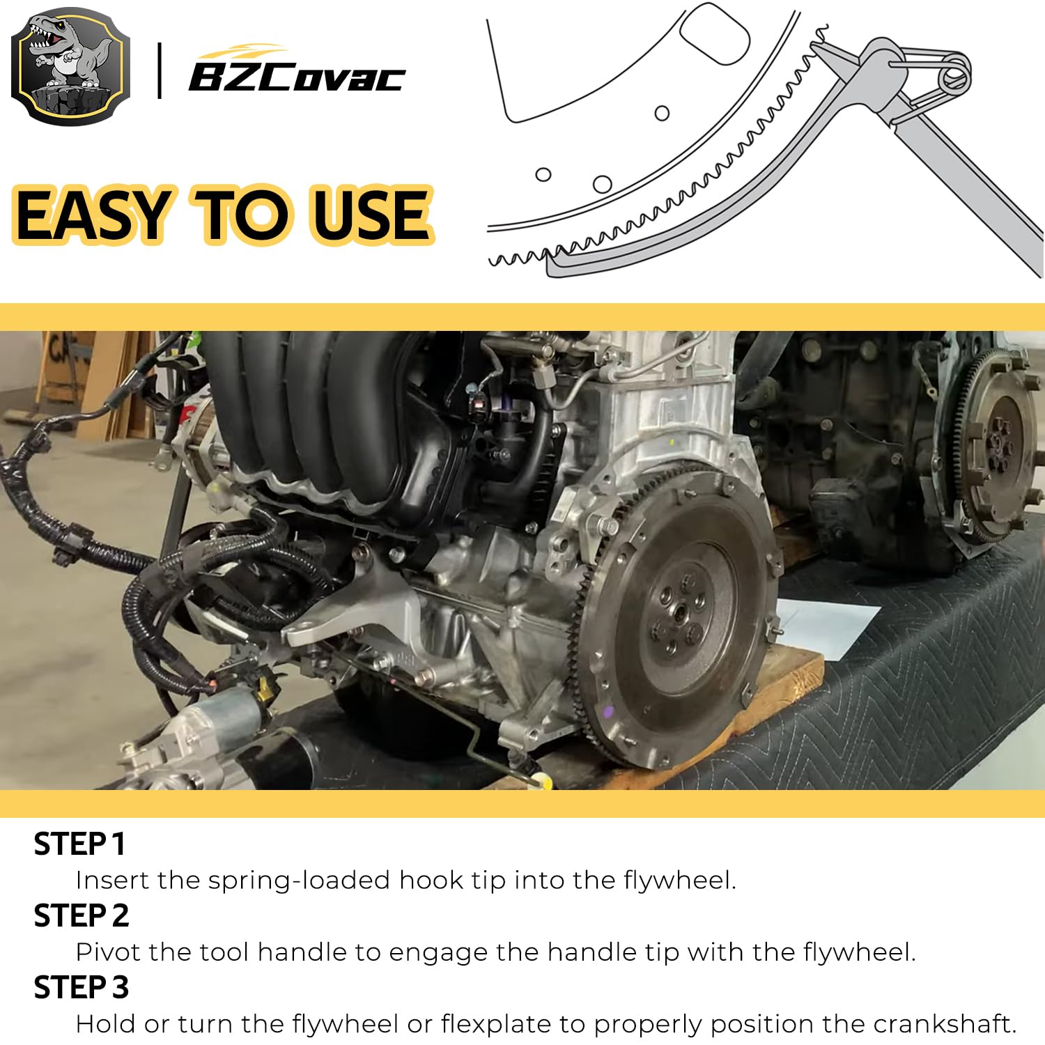 Bzcovac tool installed in bellhousing to hold flywheel steady