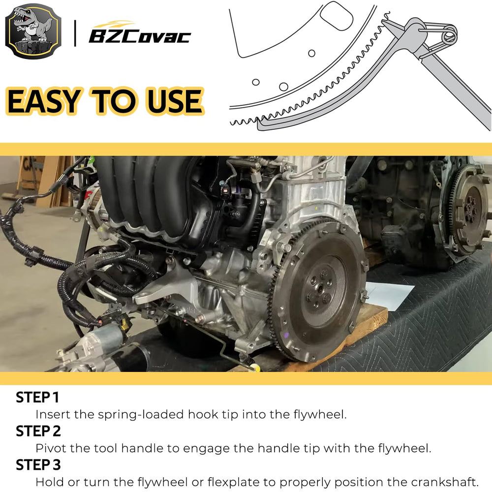 Bzcovac tool installed in bellhousing to hold flywheel steady