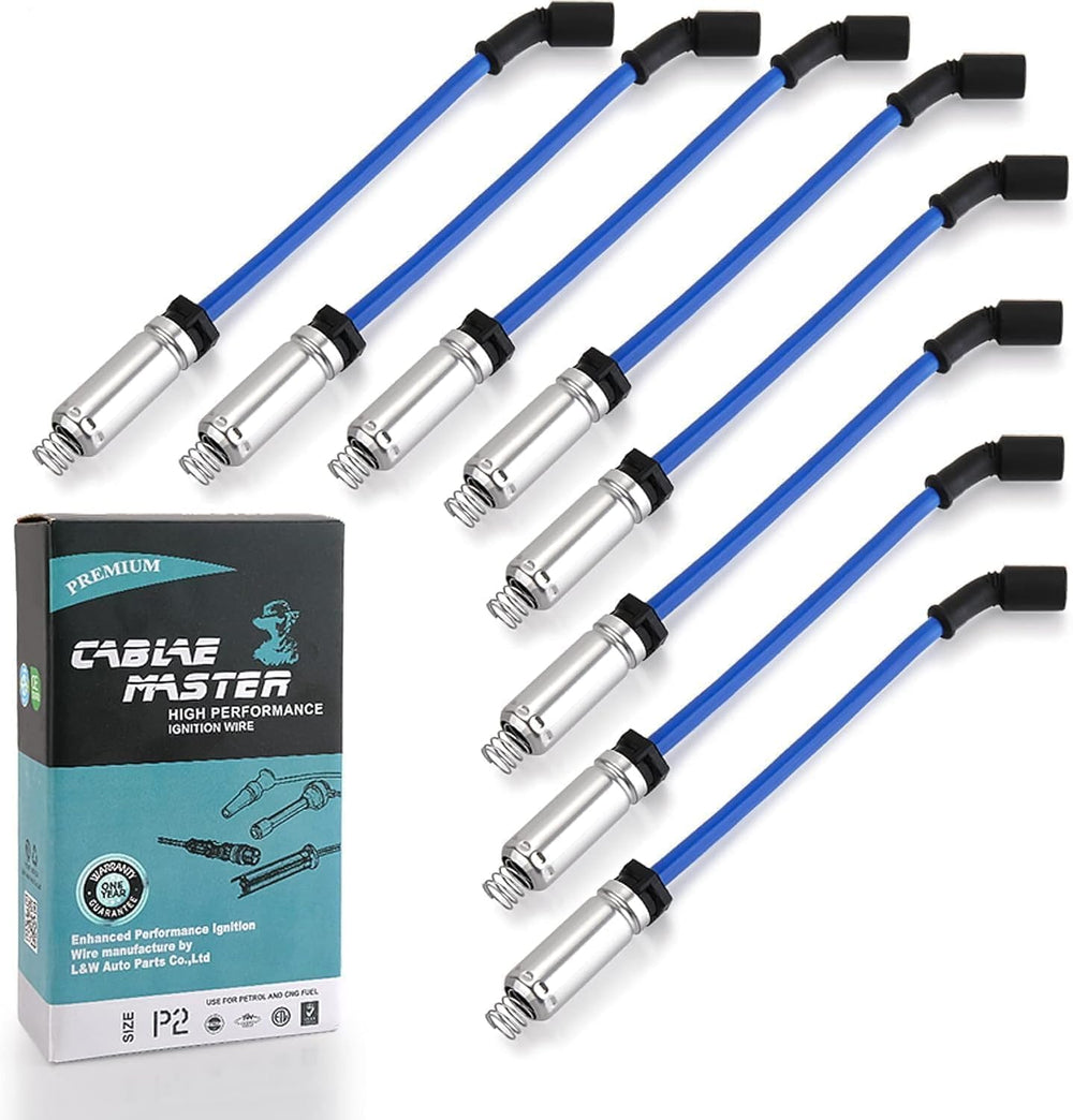 Cable Master wires beside spark plugs showing conductor ends and strong electrical transfer benefit