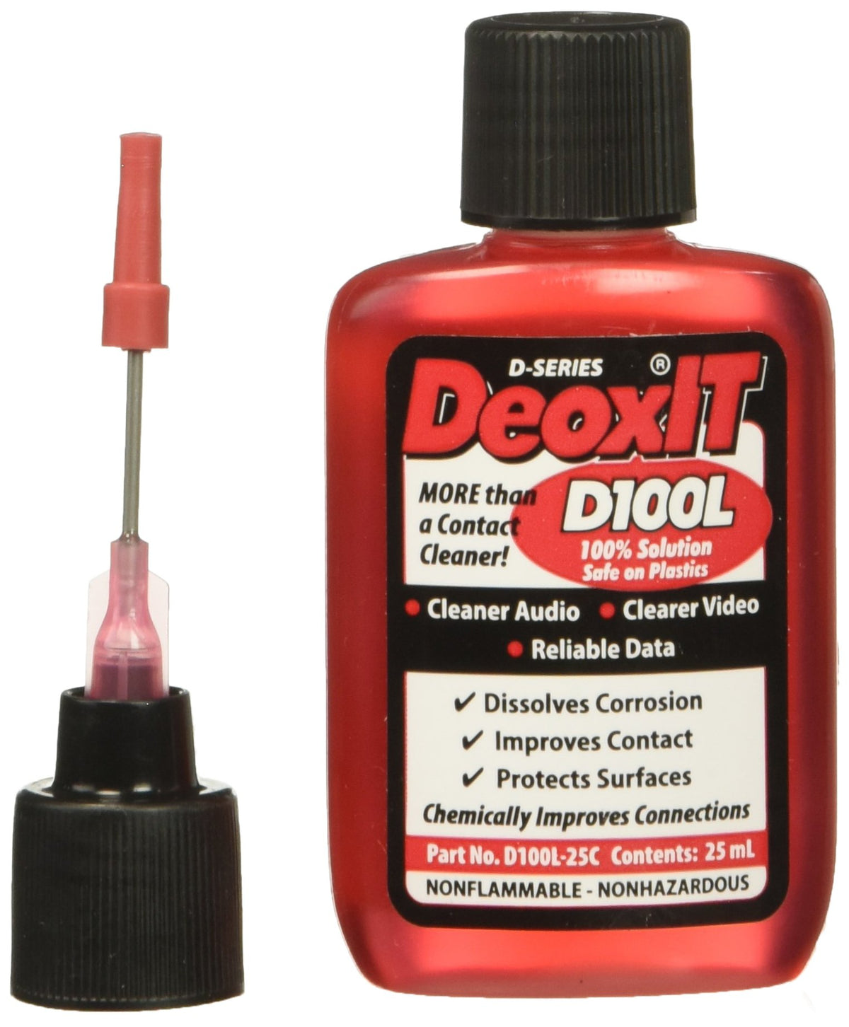 CAIG LABORATORIES DeoxIT bottle front packaging showing label and 25 mL applicator, precise application benefit