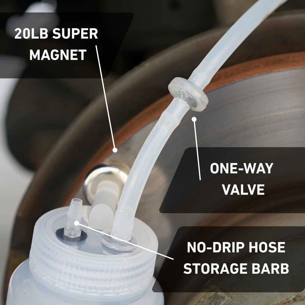 Cal-Spec Tools 16-inch hose connected to bleeder in use reach