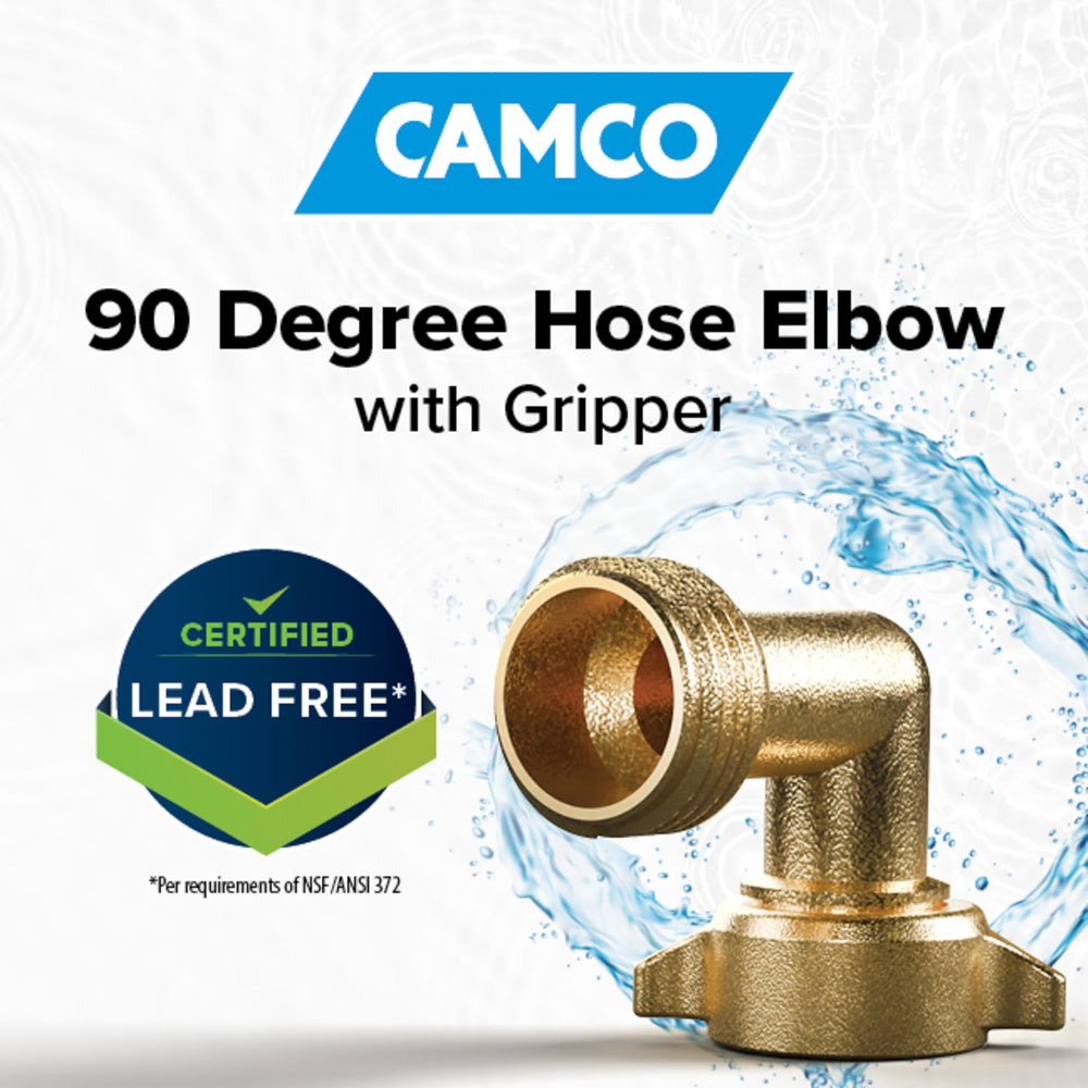Camco elbow held in hand to show size and portability for travel