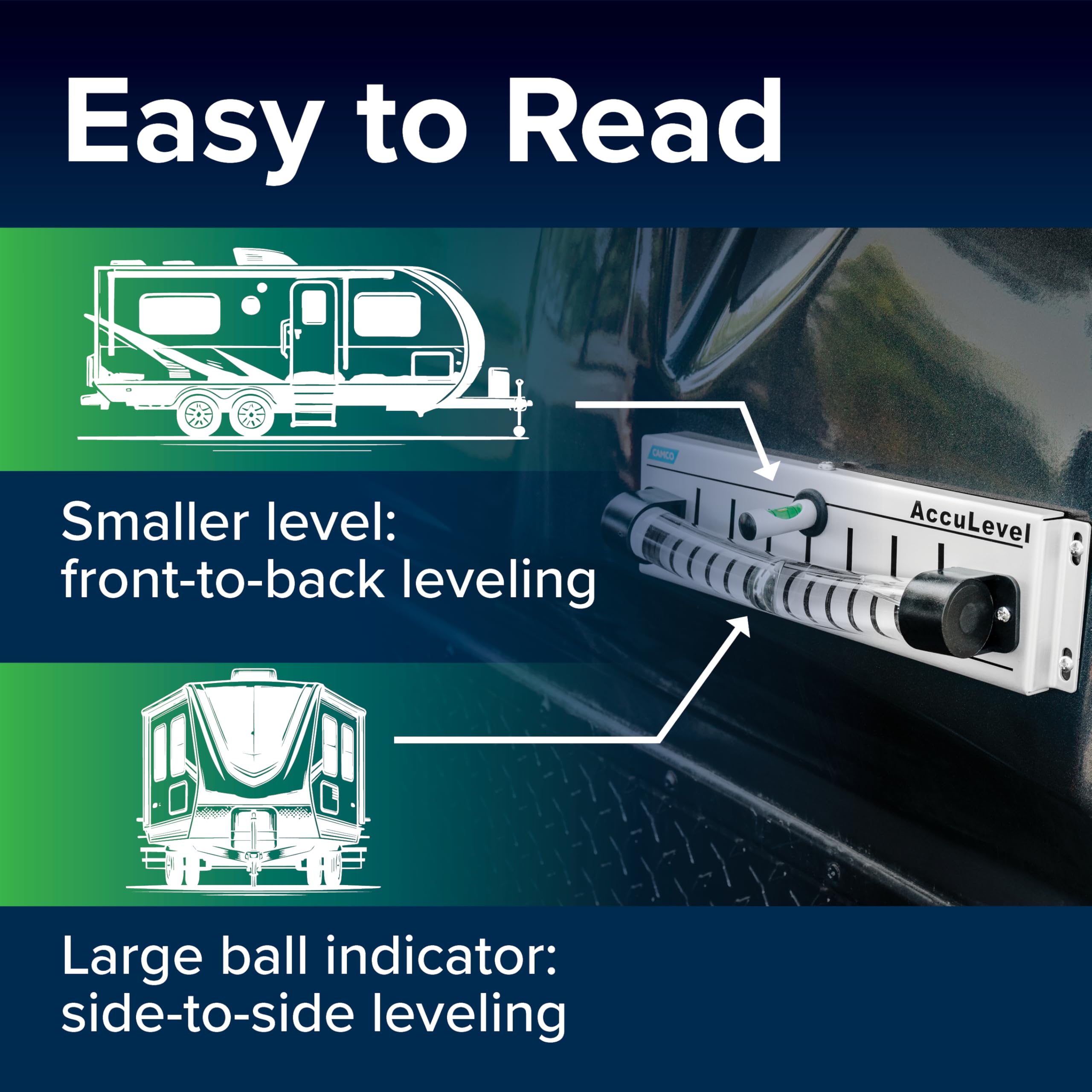 Camco AccuLevel visible in tow vehicle mirror for faster adjustments