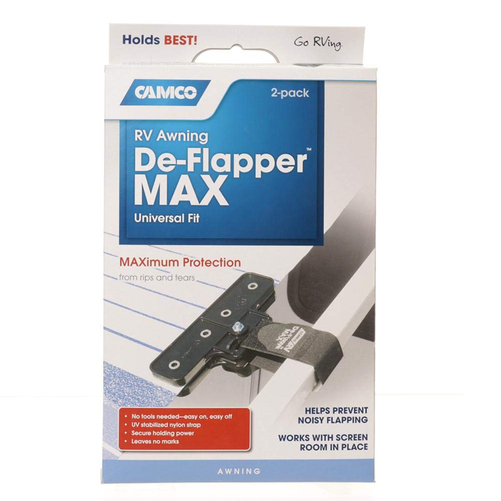 Camco de-flapper strap and label detail showing rust-resistant construction