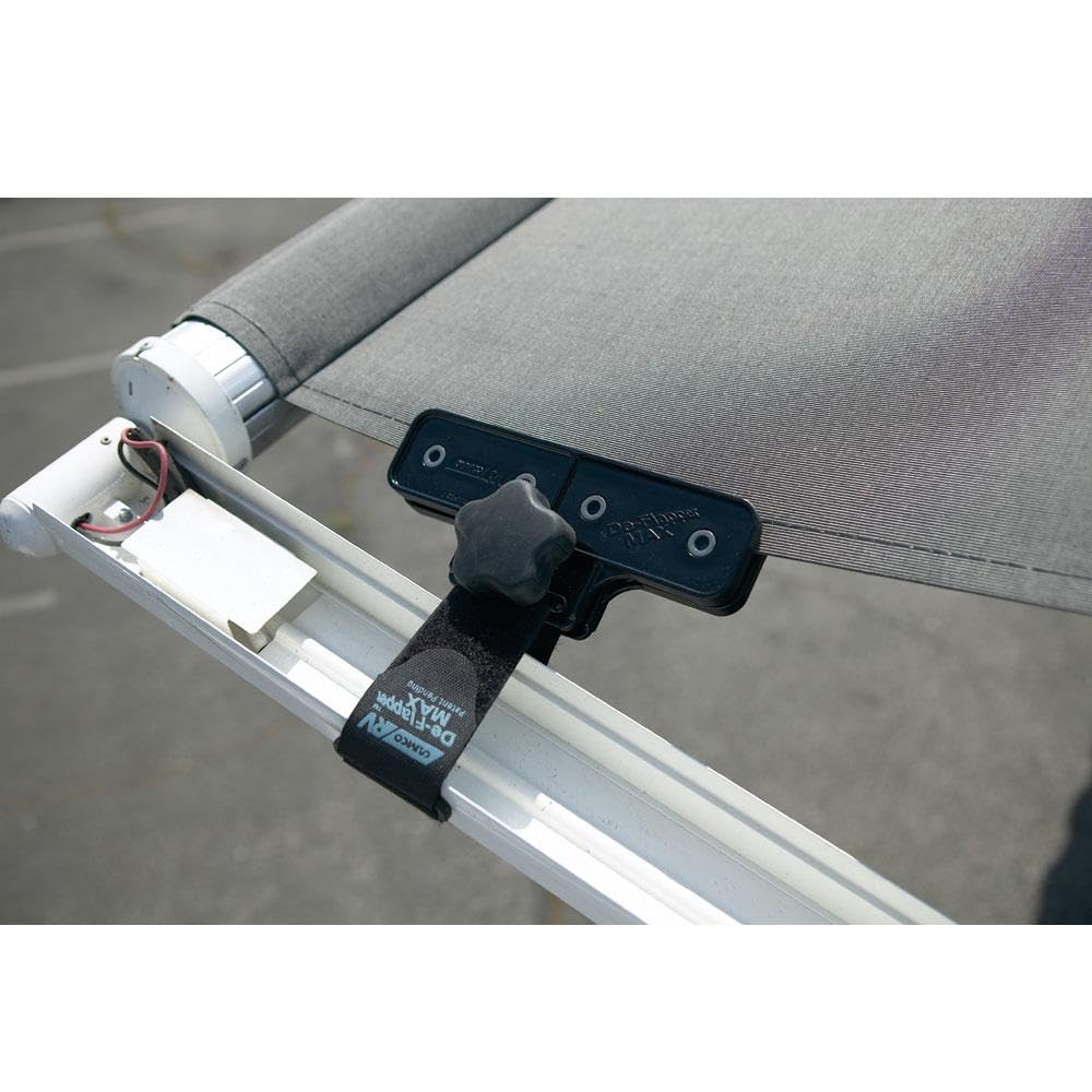 Camco clamp installed on RV awning in use reducing wind noise and flapping