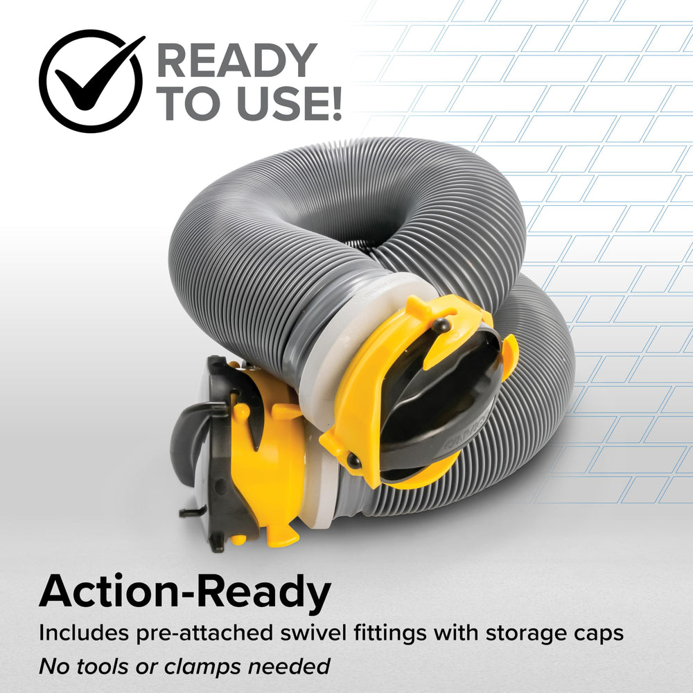 Camco compressed hose stored in RV bumper saving space