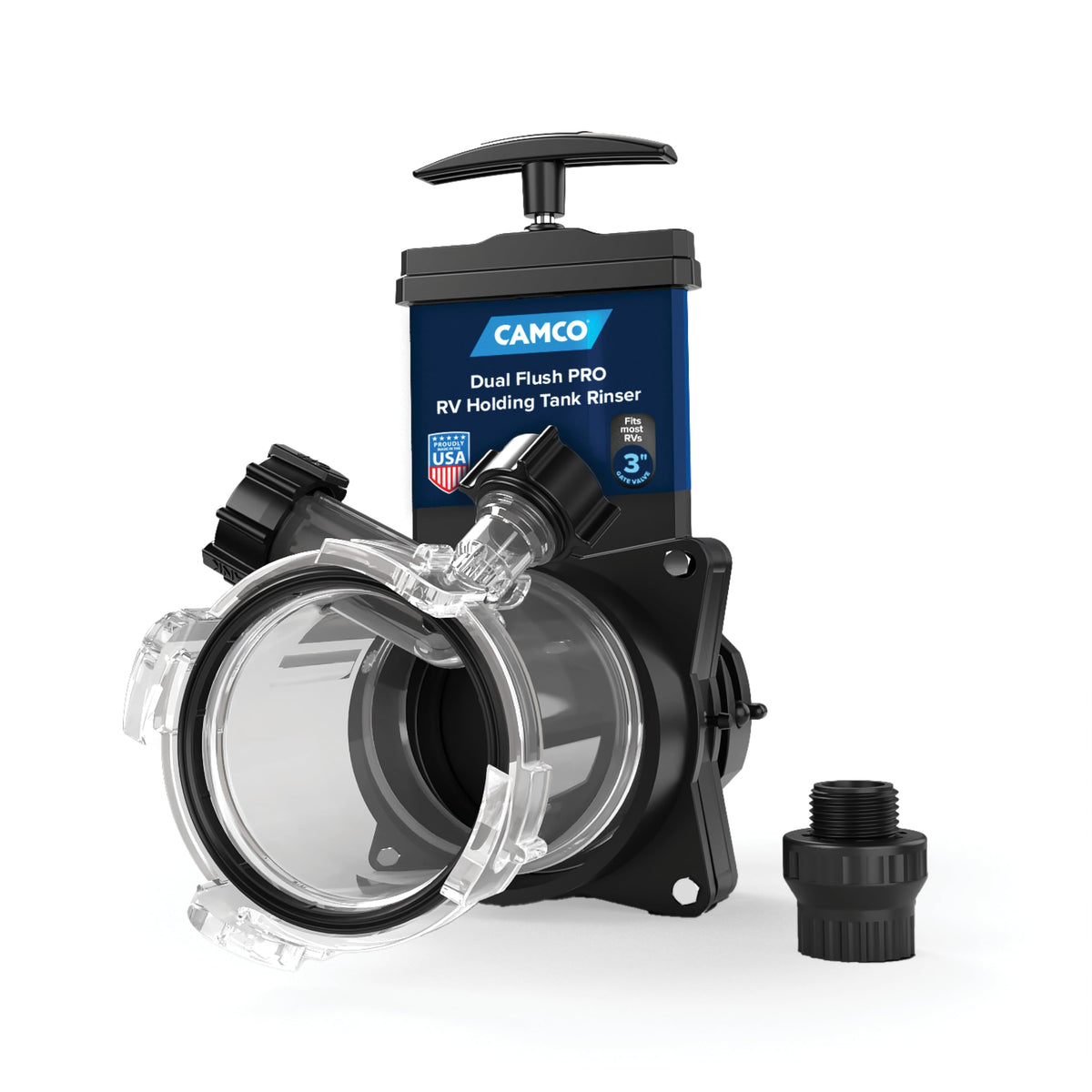 Camco Dual Flush Pro front view showing compact rinser and fittings for easy cleaning