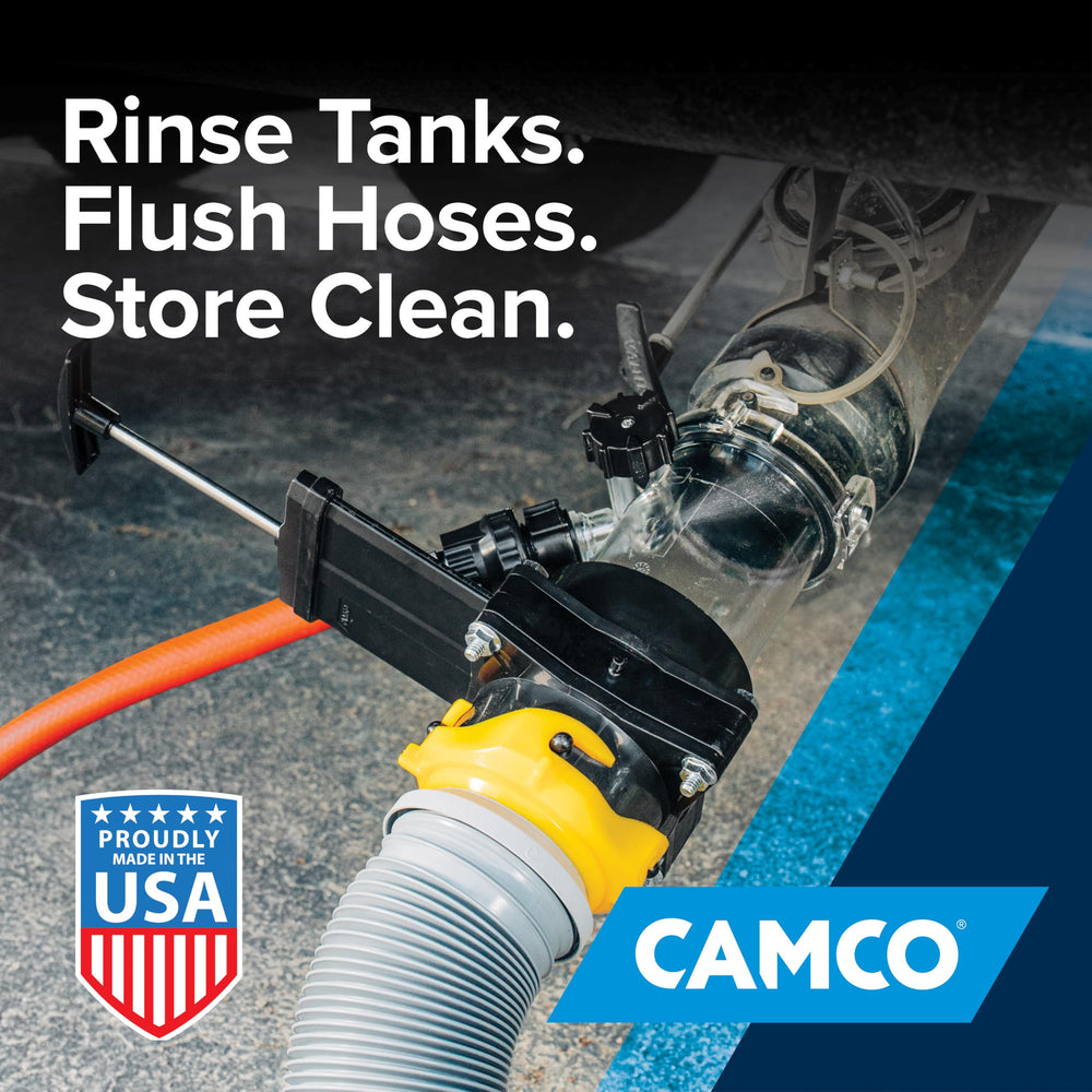 Camco Dual Flush Pro in use flushing an RV tank demonstrating effective reverse rinse