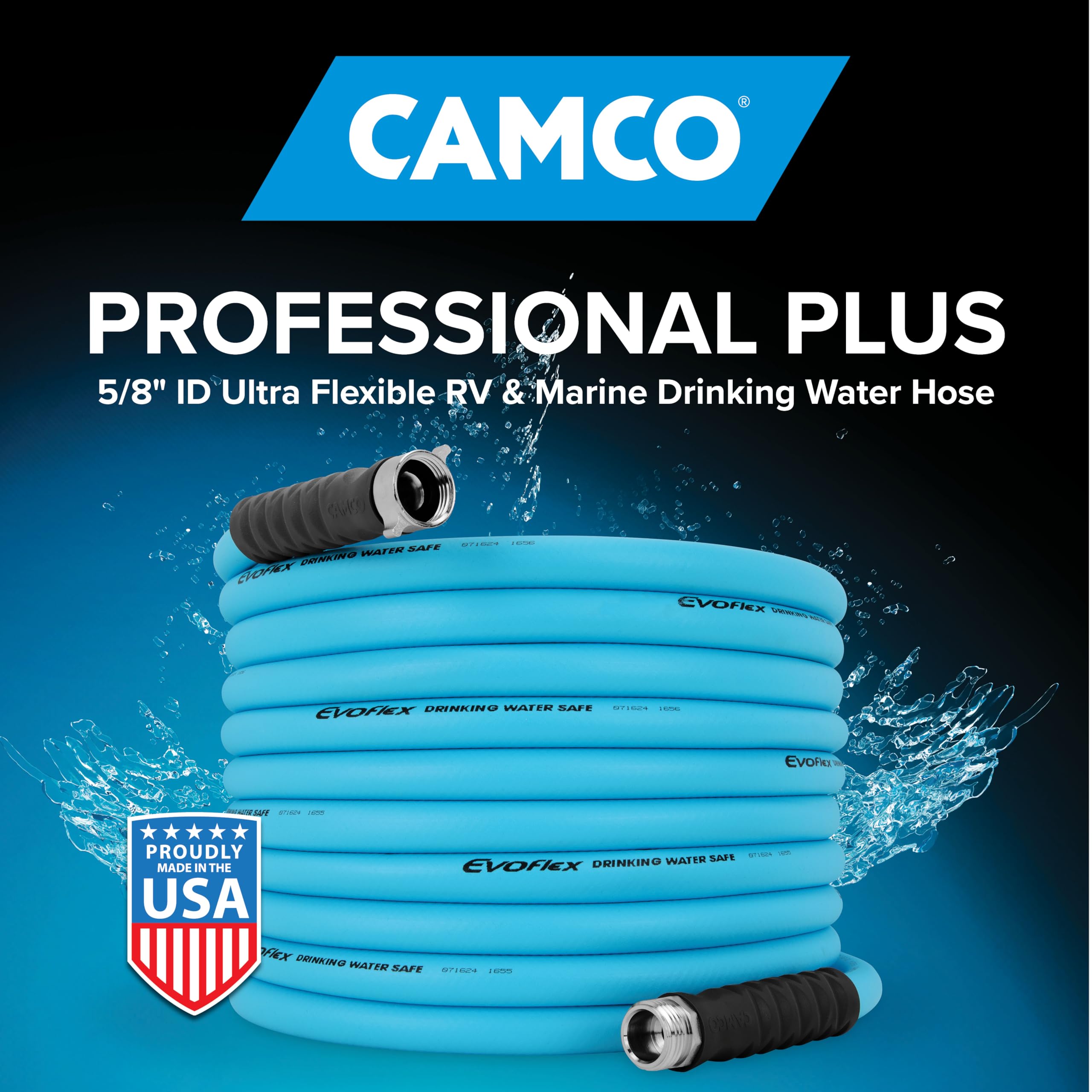 Camco EVOFlex neatly coiled beside hand for size and easy storage