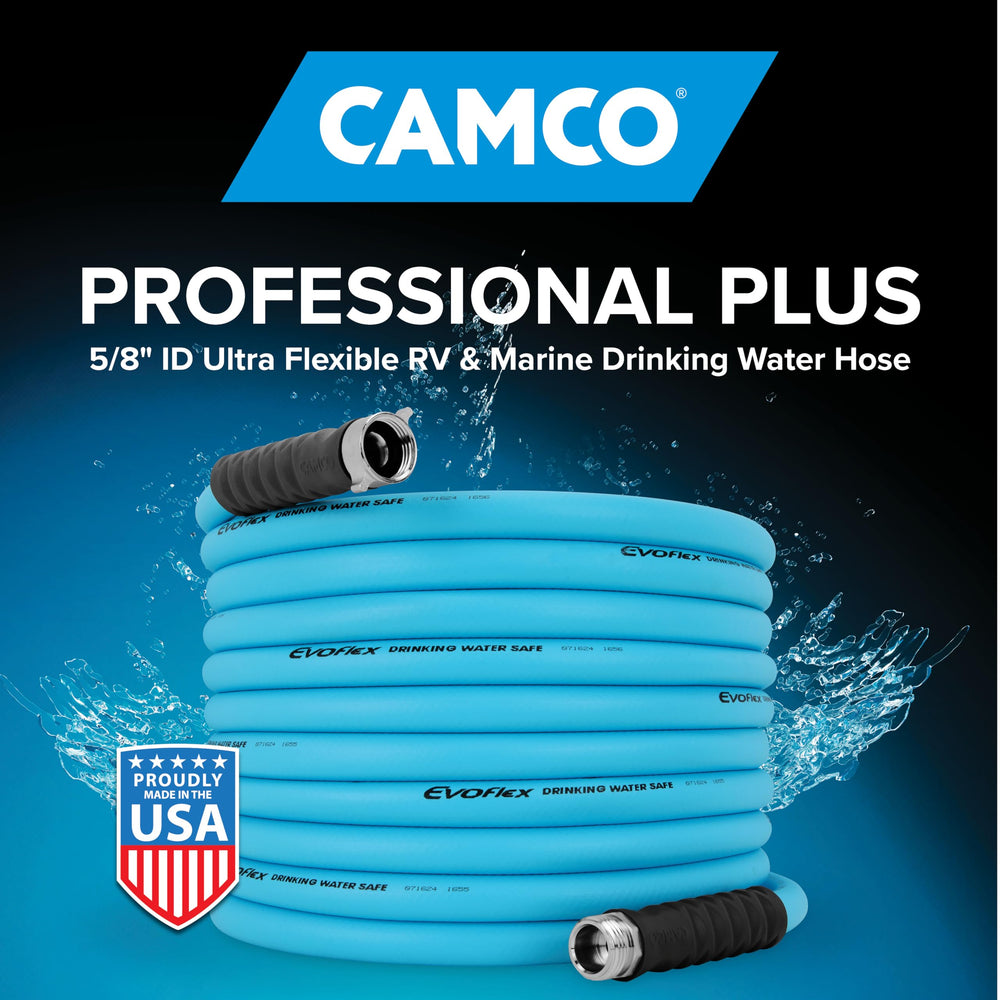 Camco EVOFlex neatly coiled beside hand for size and easy storage