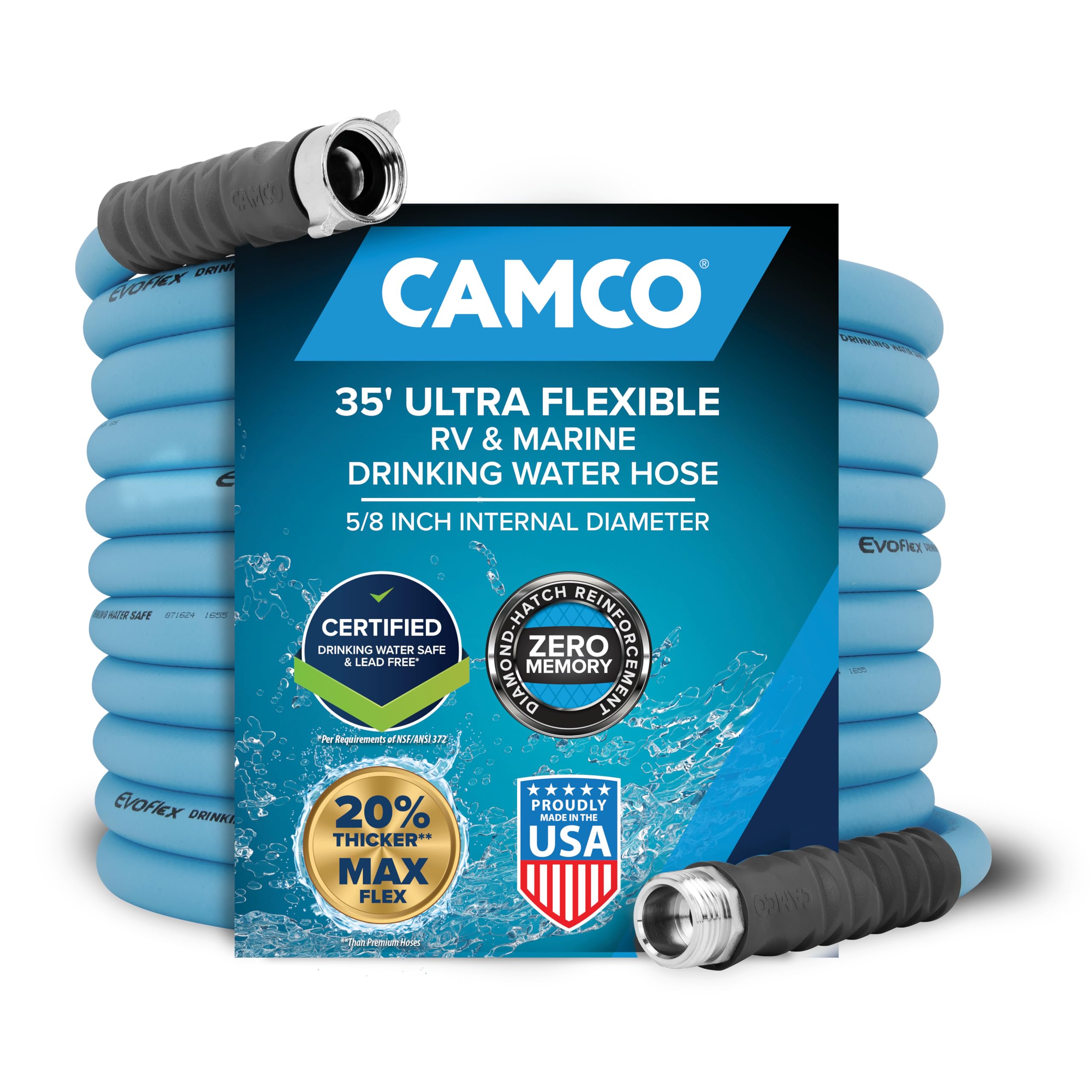 Camco EvoFlex front packaging showing hose and 35 ft length benefit
