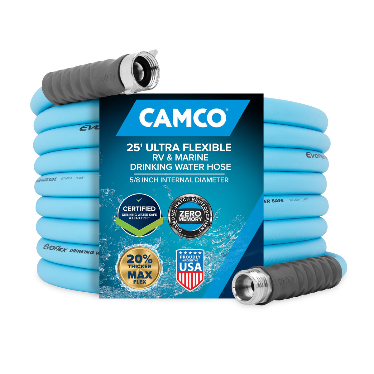 Camco EVOFlex front packaging showing hose length and lead-free benefits