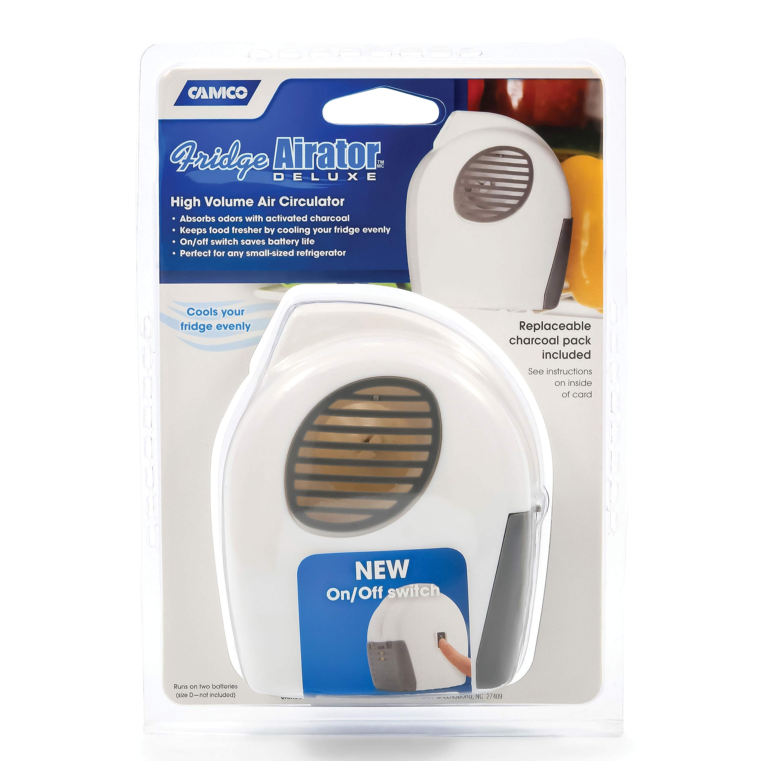 Camco Airator installed in a camper fridge circulating air for even cooling