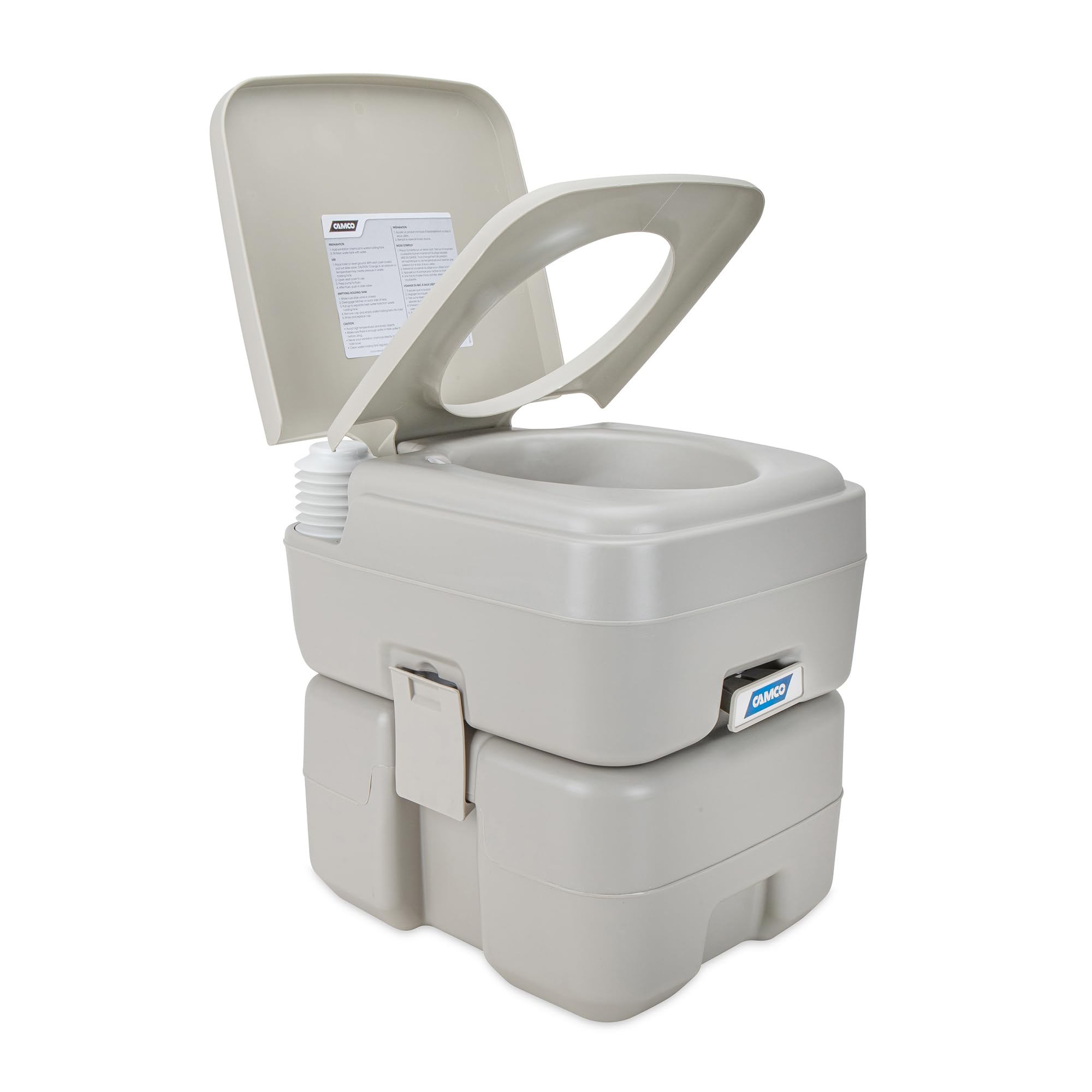 Camco front view showing assembled portable toilet for convenient restroom access