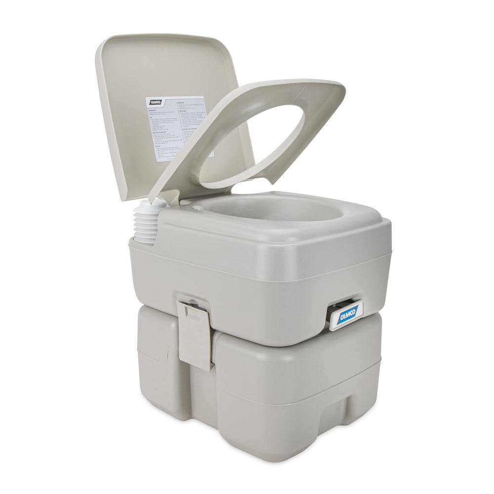Camco front view showing assembled portable toilet for convenient restroom access