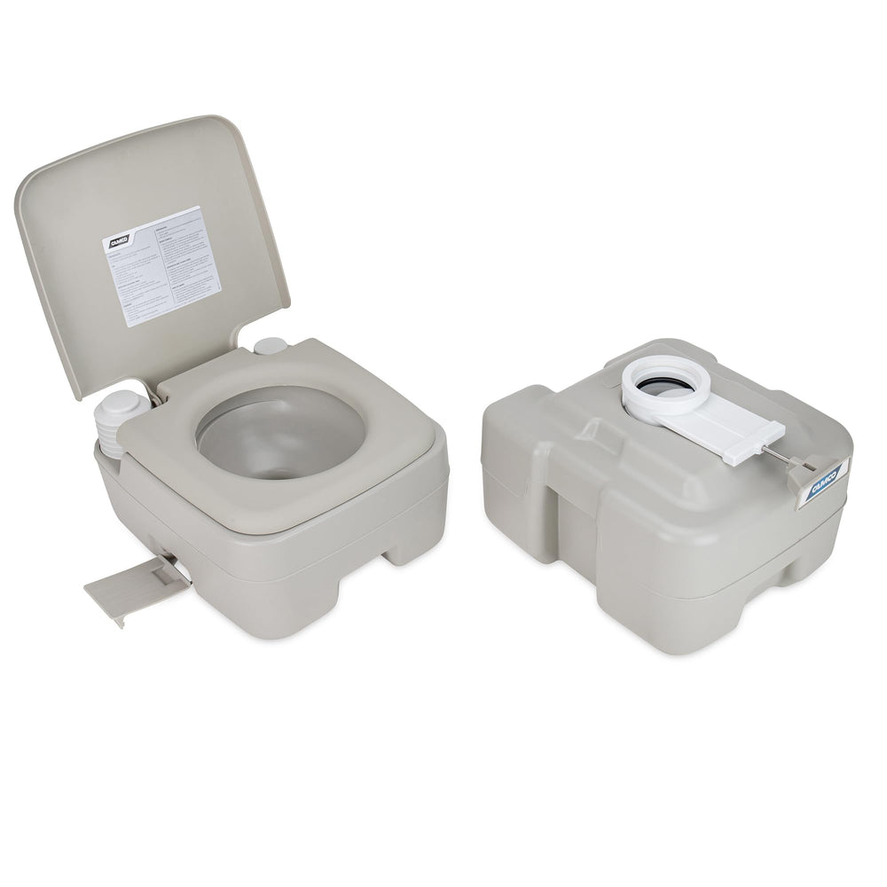 Camco in RV bathroom lifestyle shot offering hygienic travel sanitation