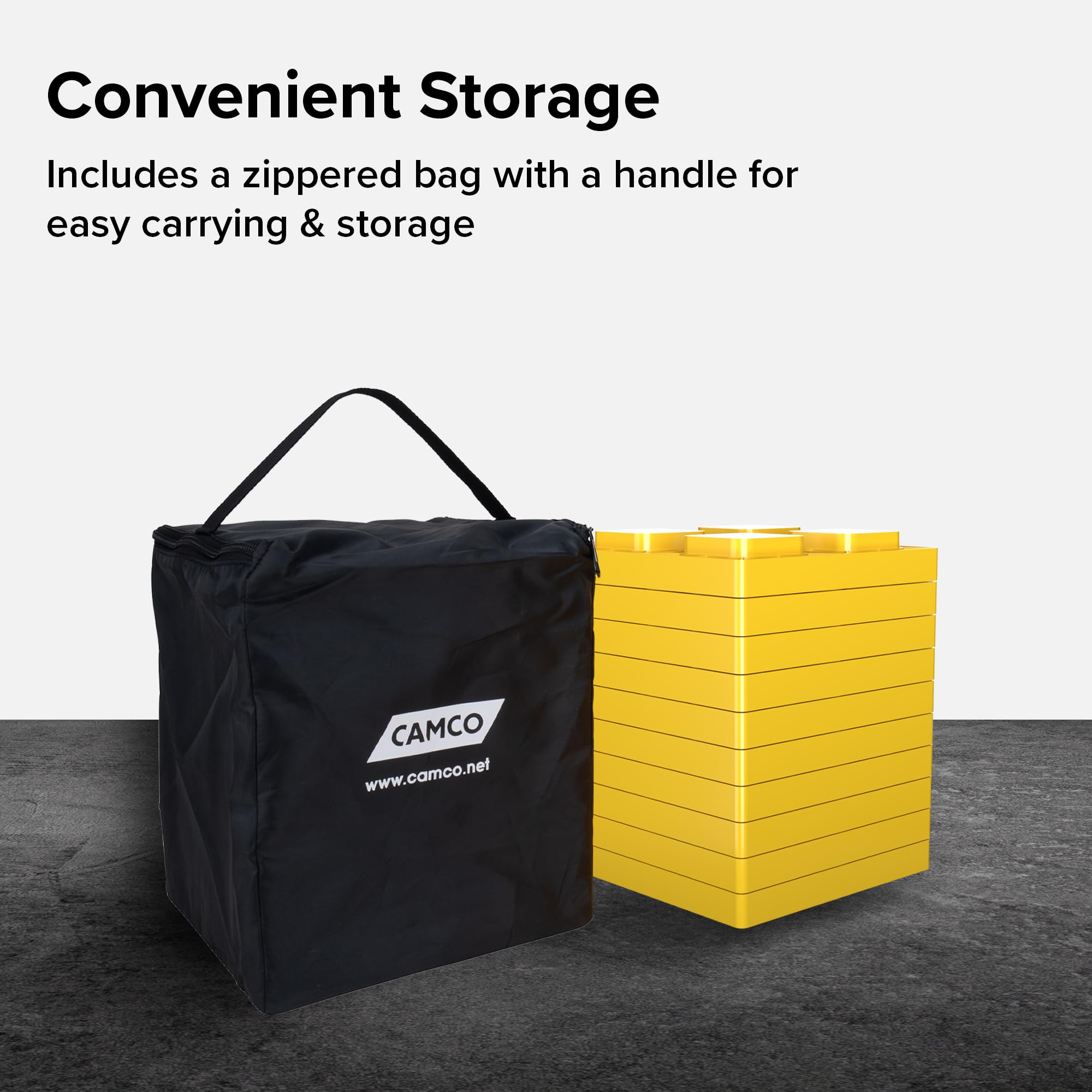 Camco nested blocks in zippered bag for neat storage and easy carrying