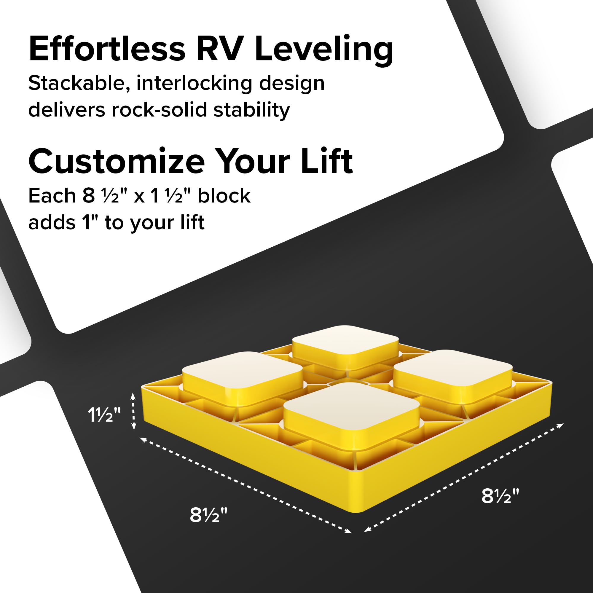 Camco block placed under RV wheel showing improved stability on gravel