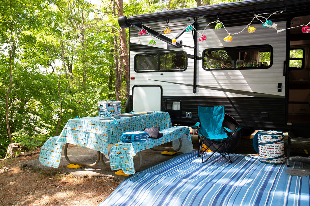 Camco blocks in campsite scene enabling quick, steady RV setup