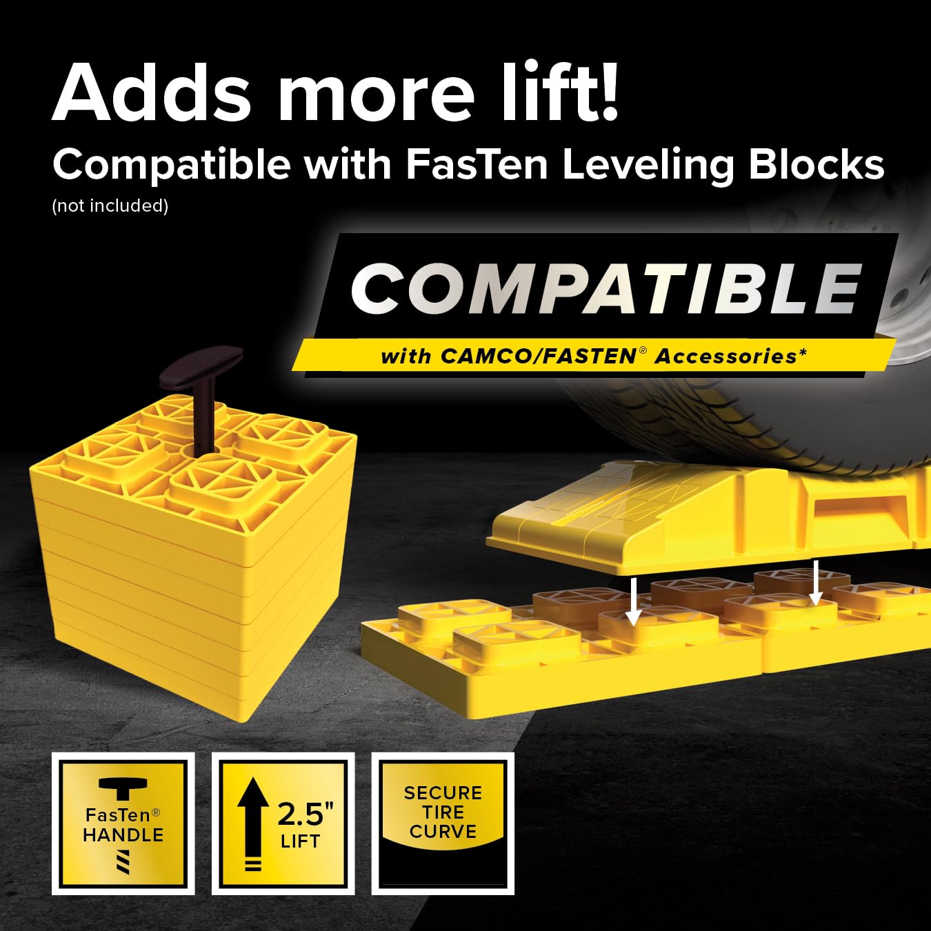 Camco ramps under RV tire demonstrating quick leveling aid
