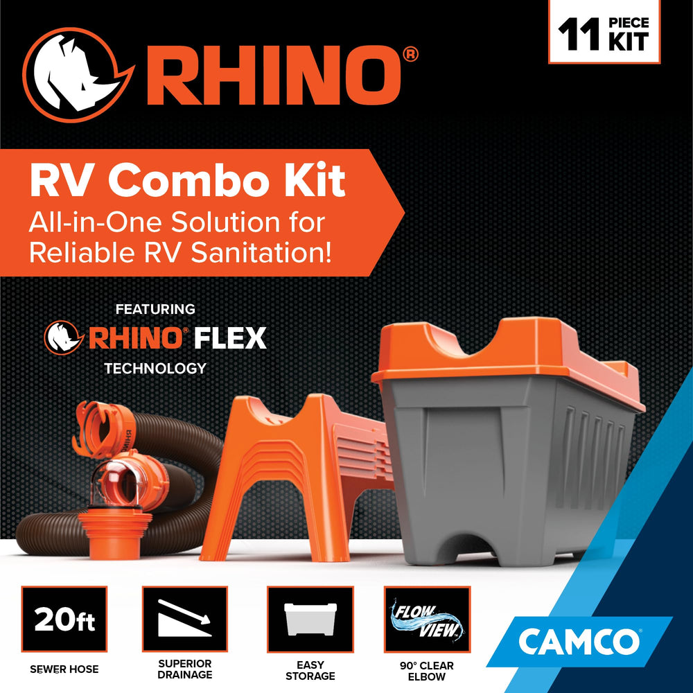Camco adapters and sewer caps laid out showing compatibility and leak-prevention benefit