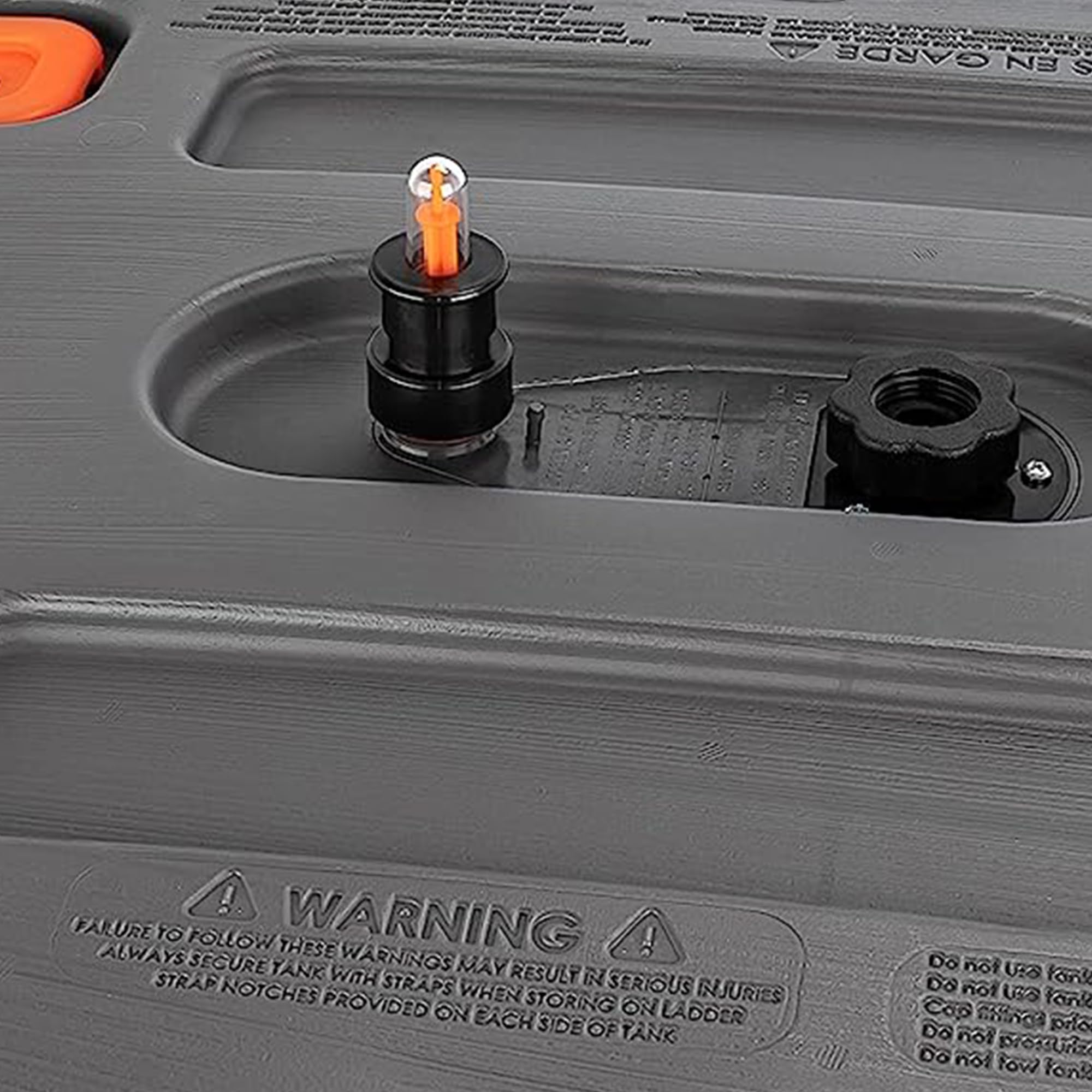 Camco Rhino gauge in use while filling tote demonstrating venting reduces backflow