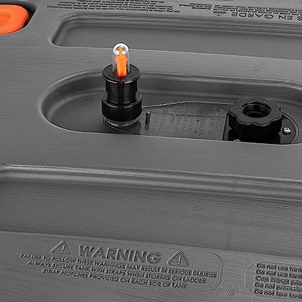 Camco Rhino gauge in use while filling tote demonstrating venting reduces backflow