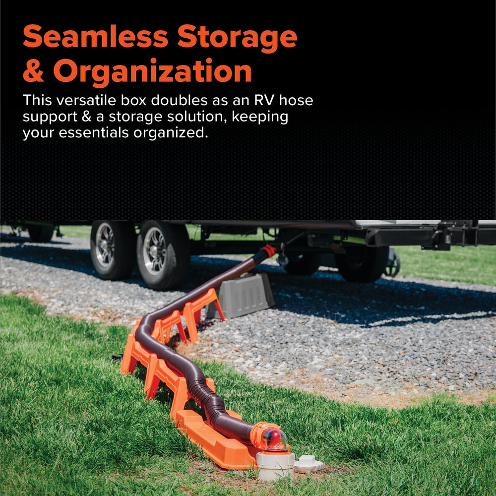 Camco hose connected to RV at dump station illustrating easier, stable sewer hookup benefit