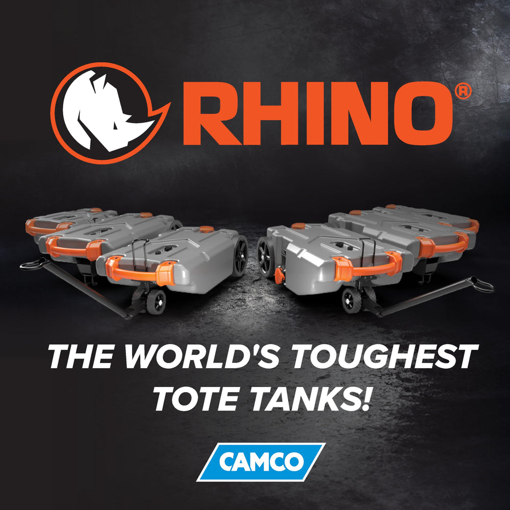Camco Rhino hung on an RV ladder to show compact storage and secure mounting