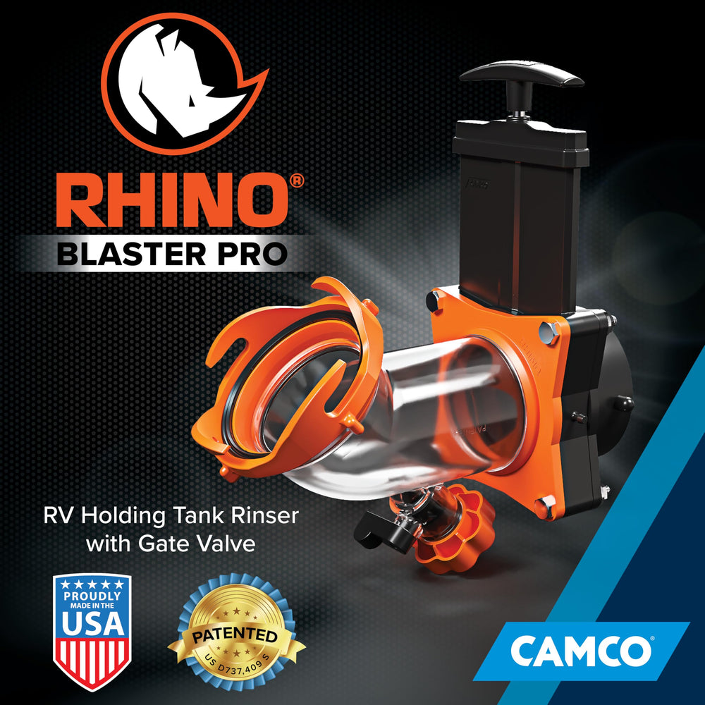 Camco RhinoBlaster clear elbow close-up showing transparent flow and rinse visibility