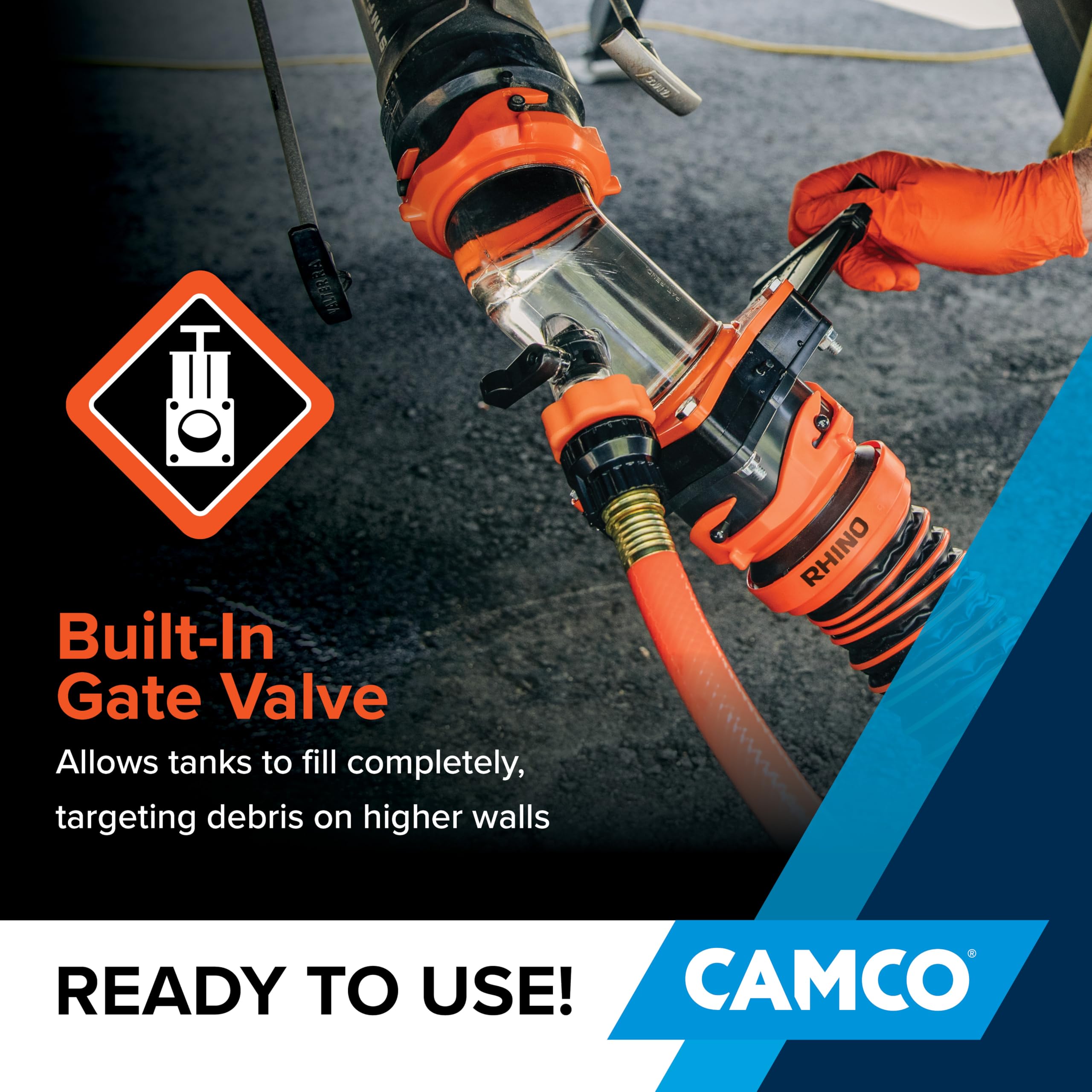 Camco RhinoBlaster beside common tools showing compact size and durable construction