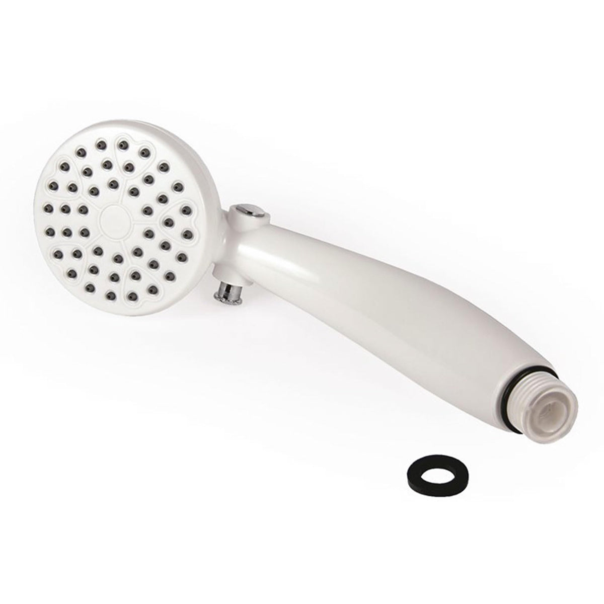 Camco shower head front view showing compact head and strong spray benefit