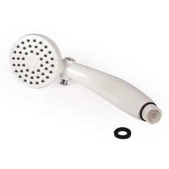 Camco shower head front view showing compact head and strong spray benefit