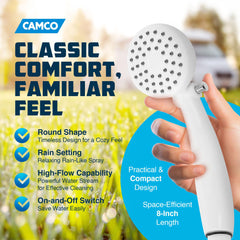 Camco shower head side profile illustrating slim 8-inch reach for control