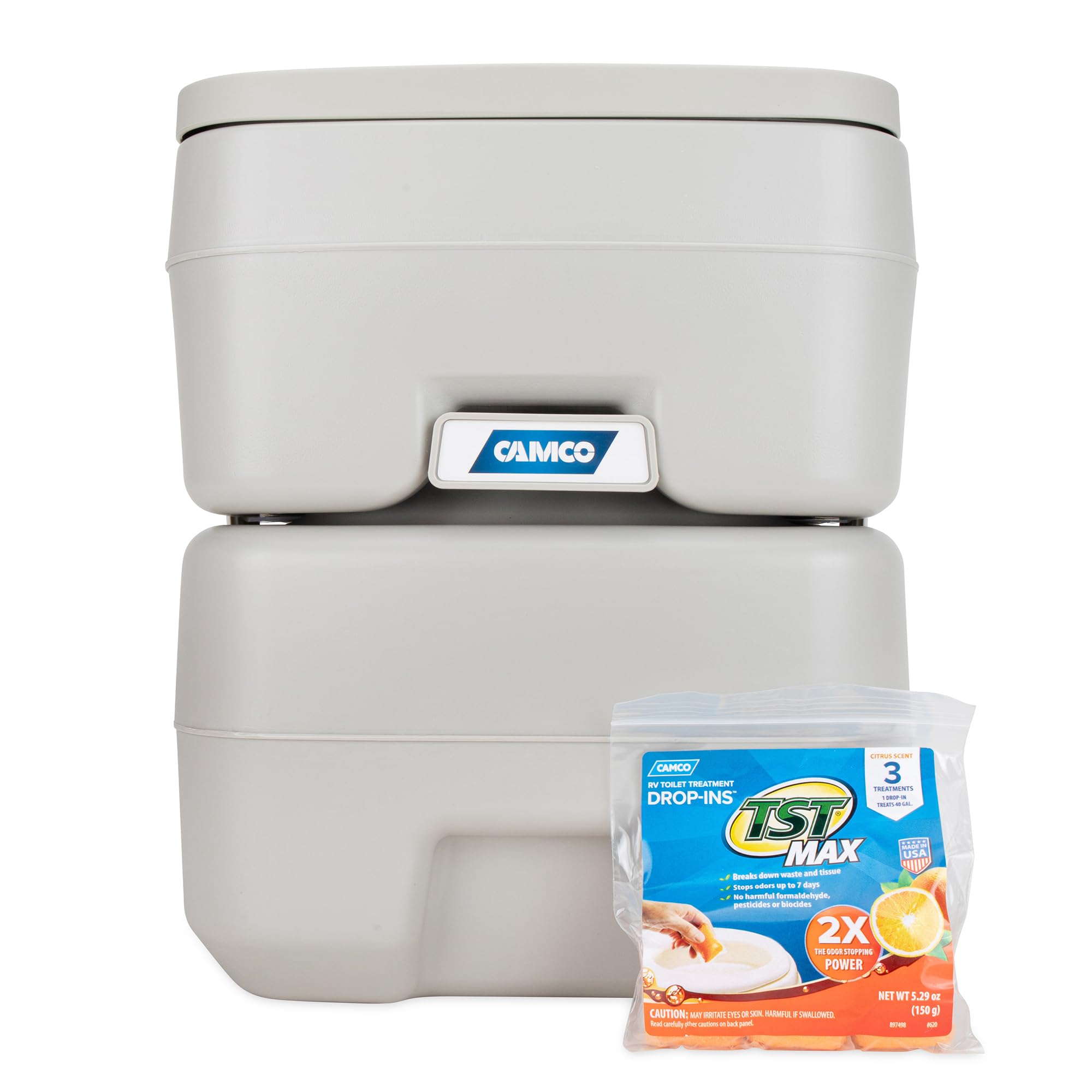 Camco next to camping gear showing compact size and space-saving benefit