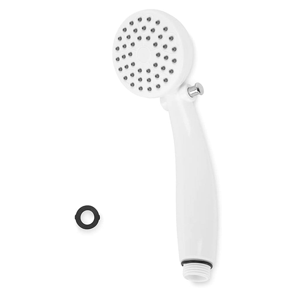 Camco shower head attached to RV hose in use for quick outdoor cleaning benefit