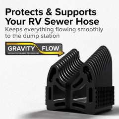 Camco Sidewinder installed at campsite holding sewer hose above ground for better flow