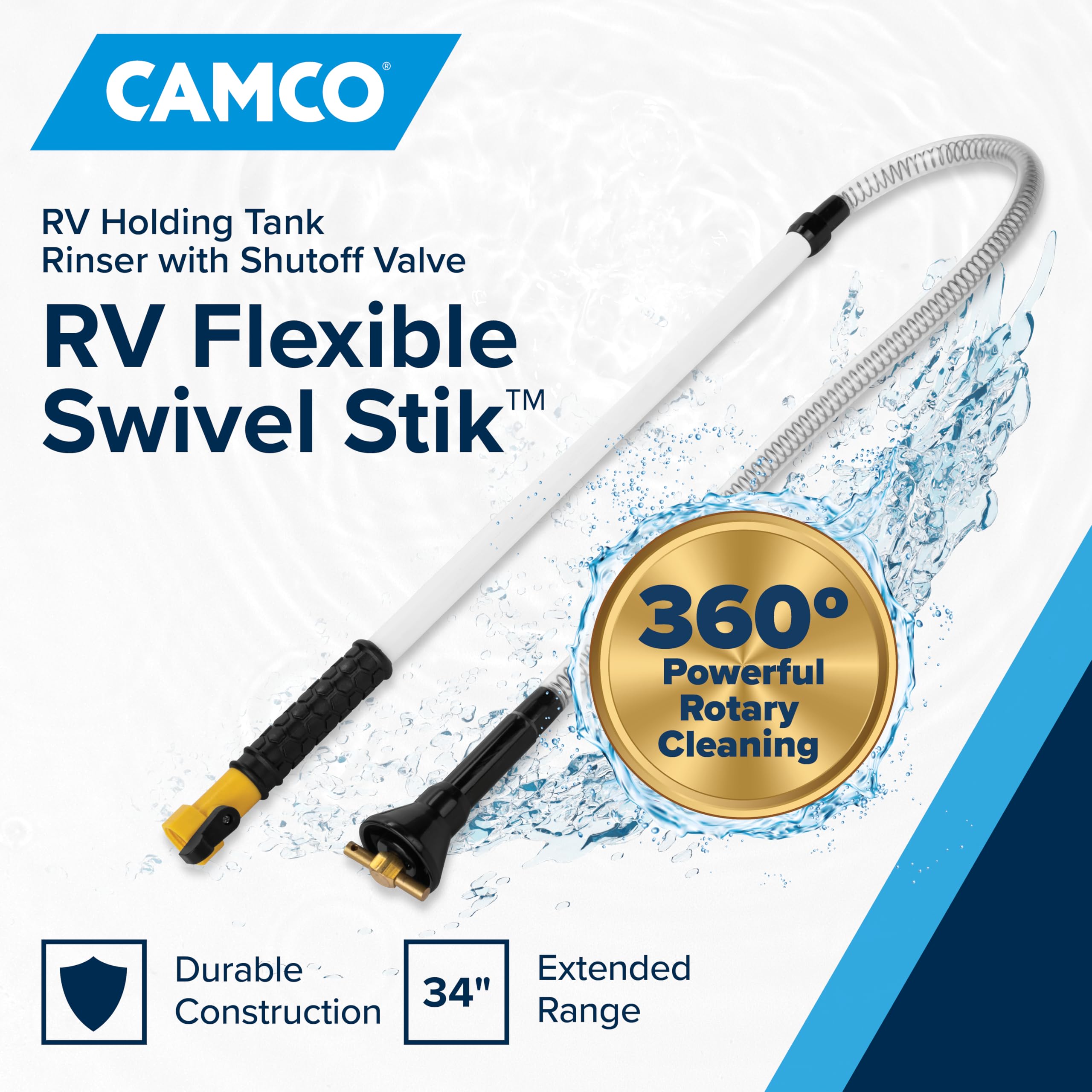 Camco closeup of rotary nozzle highlighting durable brass parts and thorough cleaning