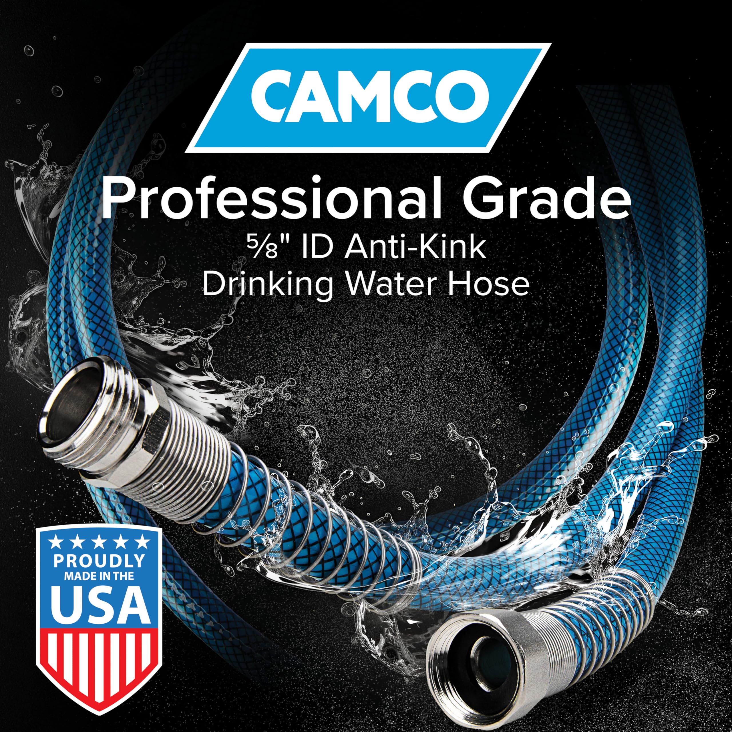 Camco close-up of machined fittings showing durable connectors and leak-resistant benefit
