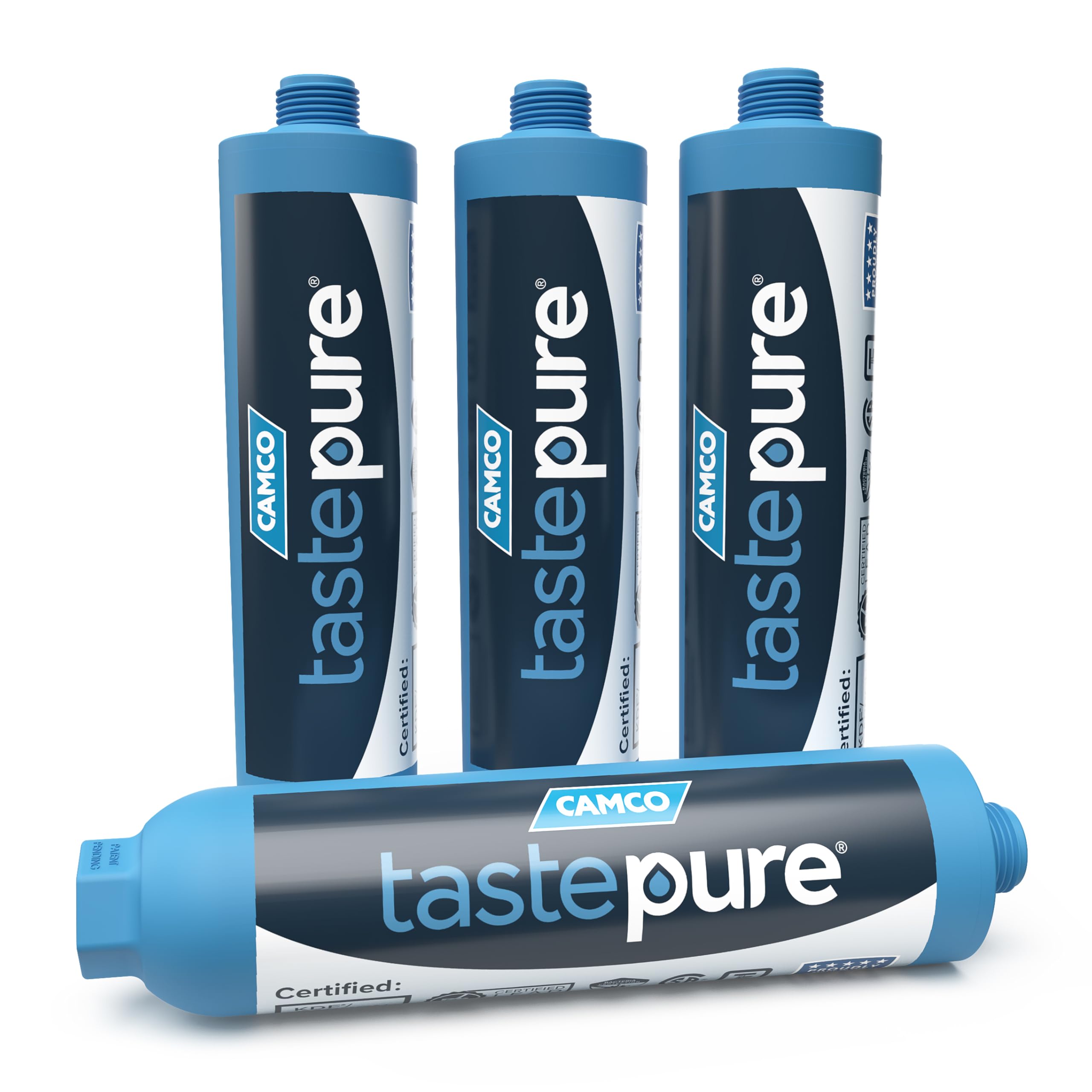Camco TastePURE front packaging showing four inline filters and benefits