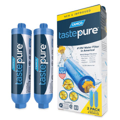 Camco Tastepure front view showing compact inline filter and easy connection benefit