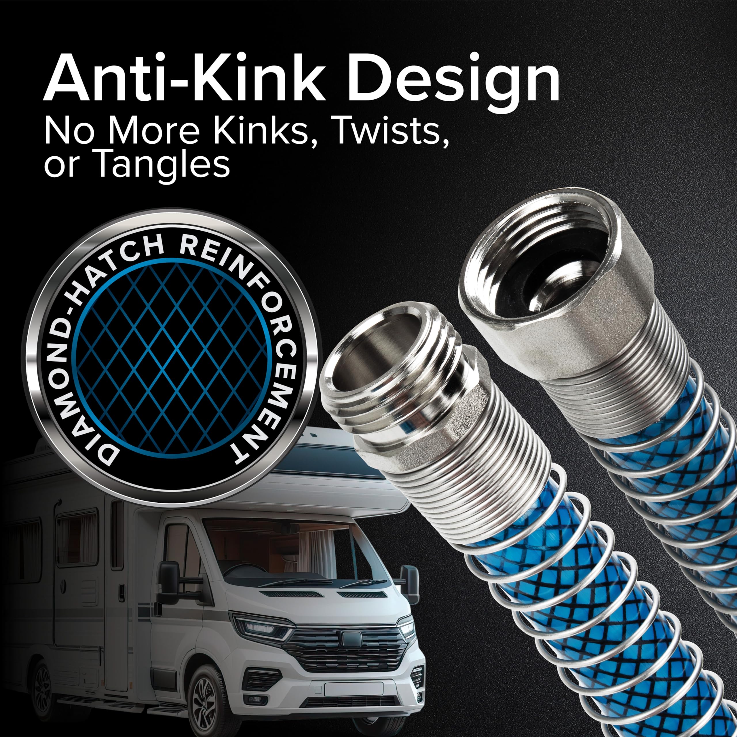 Camco hose connected to RV spigot in campsite showing convenient potable water access benefit